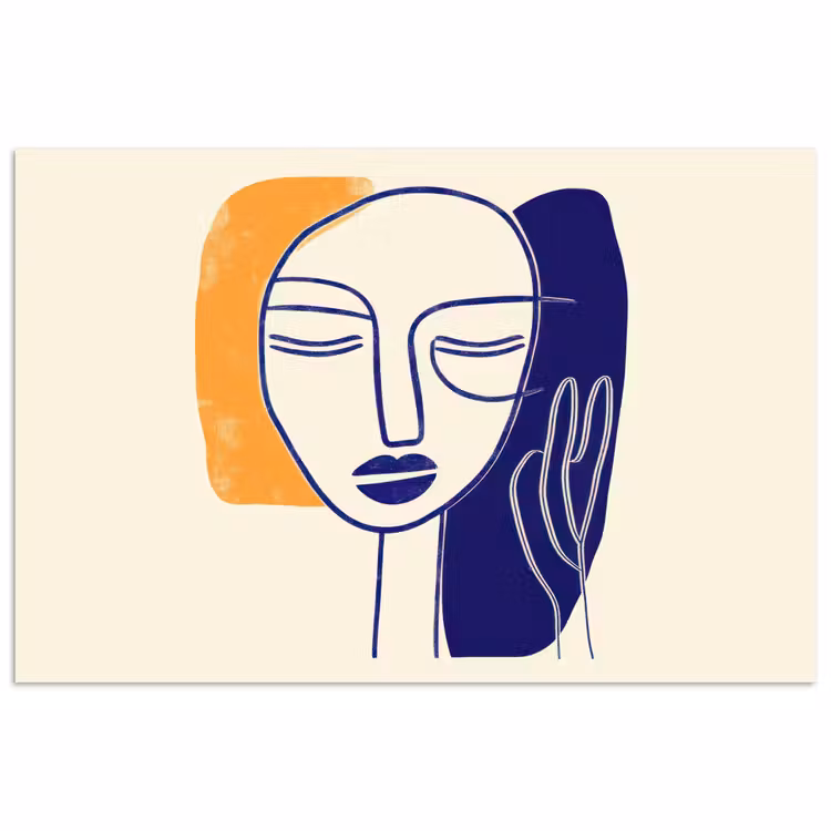 Minimalistisch - Gezicht - Hand - Oranje - Blauw poster papier klein -3d