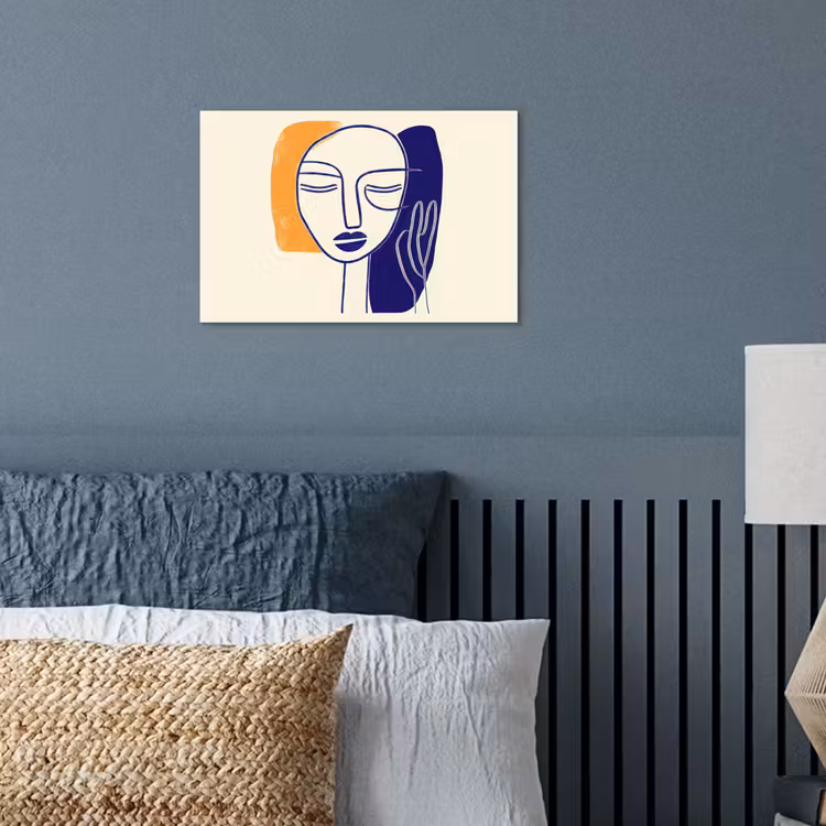 Minimalistisch - Gezicht - Hand - Oranje - Blauw poster papier klein -sfeer2