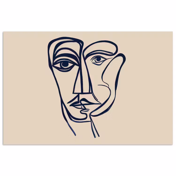 Minimalistisch - Lijnillustratie - Beige - Donkerblauw poster papier klein -3d