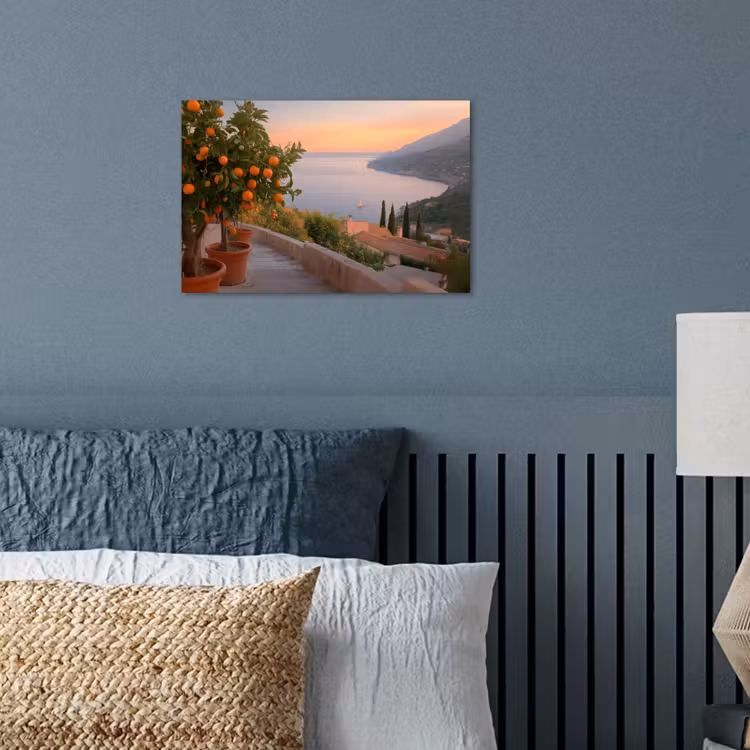 Middelandse zee - Sinaasappel - Heuvels - Zee poster papier klein -sfeer2