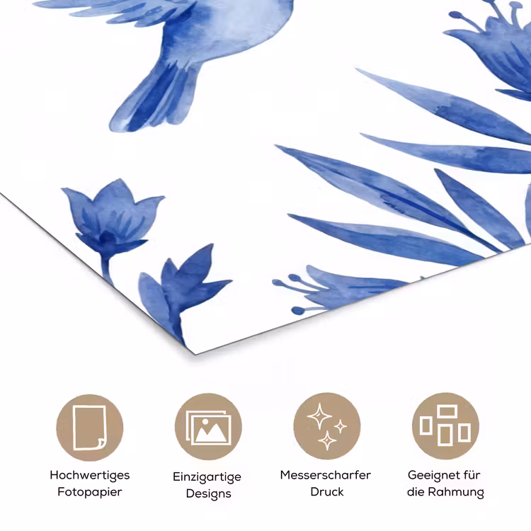 Modern - Vogels - Delfts - Blauw poster papier klein -tcloseup_DE
