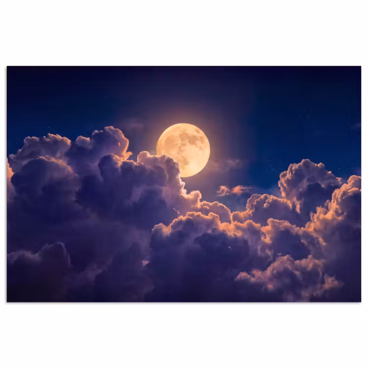 Maan - Wolken - Nacht - Oranje poster papier klein -3d