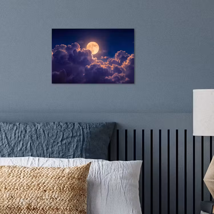 Maan - Wolken - Nacht - Oranje poster papier klein -sfeer2