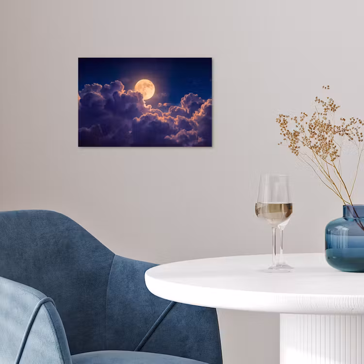 Maan - Wolken - Nacht - Oranje poster papier klein -sfeer3