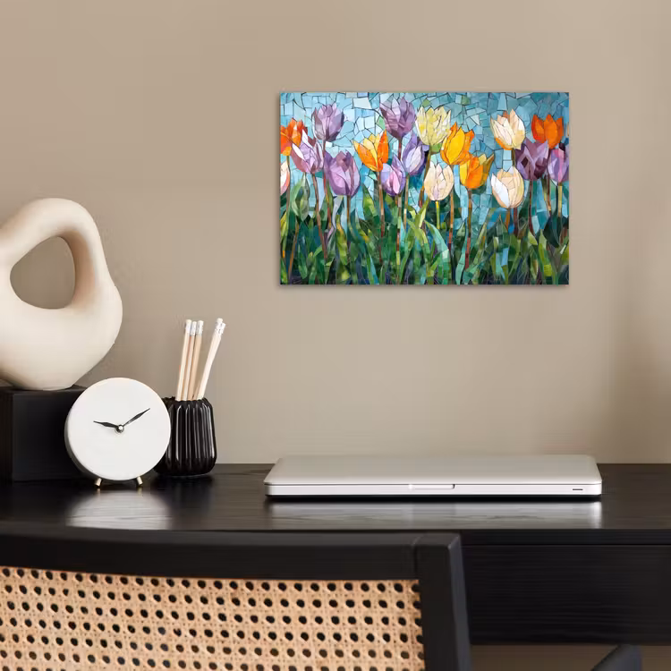 Mozaïek - Veld - Tulpen - Kleurrijk poster papier klein -sfeer1