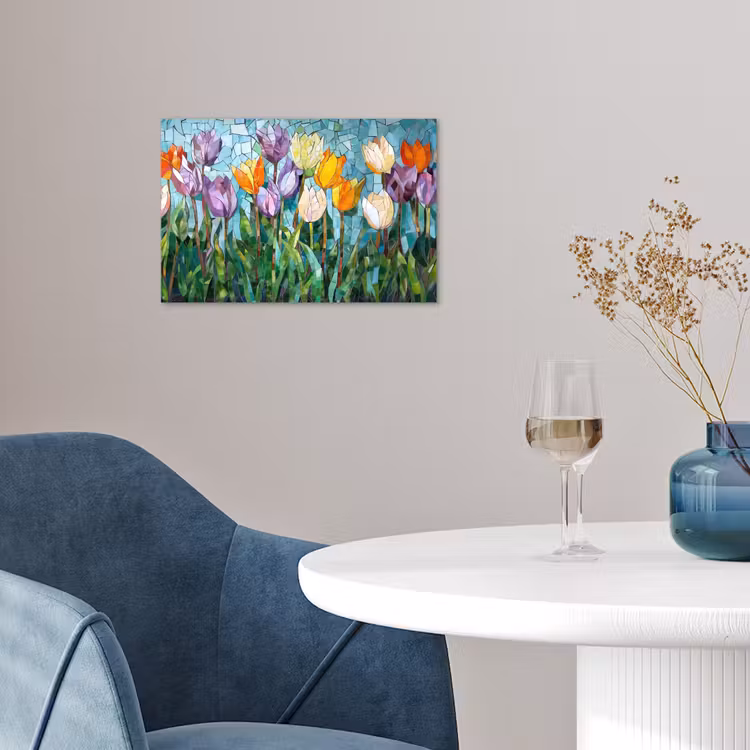 Mozaïek - Veld - Tulpen - Kleurrijk poster papier klein -sfeer3