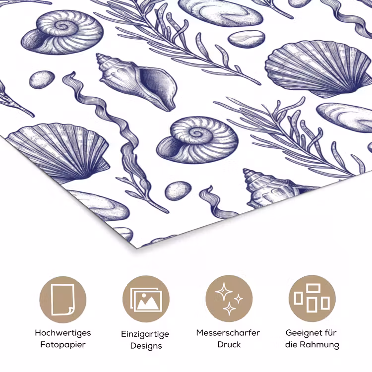 Schelpen - Zeewier - Oceaan - Illustratie - Blauw poster papier klein -tcloseup_DE