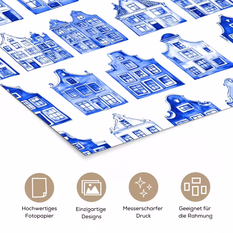 Patroon - Huizen - Blauw poster papier klein 62 -tcloseup_DE