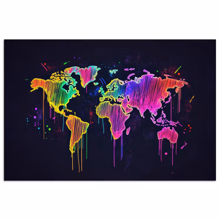 Neon - Wereldkaart - Kleur - Drip poster papier klein -3d