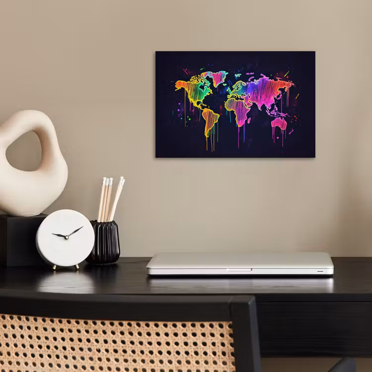 Neon - Wereldkaart - Kleur - Drip poster papier klein -sfeer1