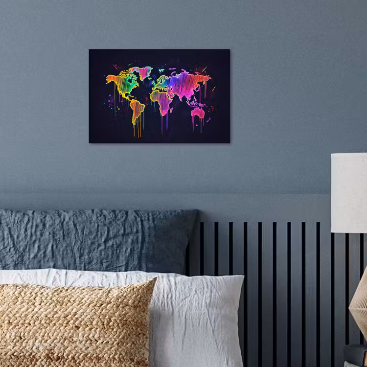 Neon - Wereldkaart - Kleur - Drip poster papier klein -sfeer2
