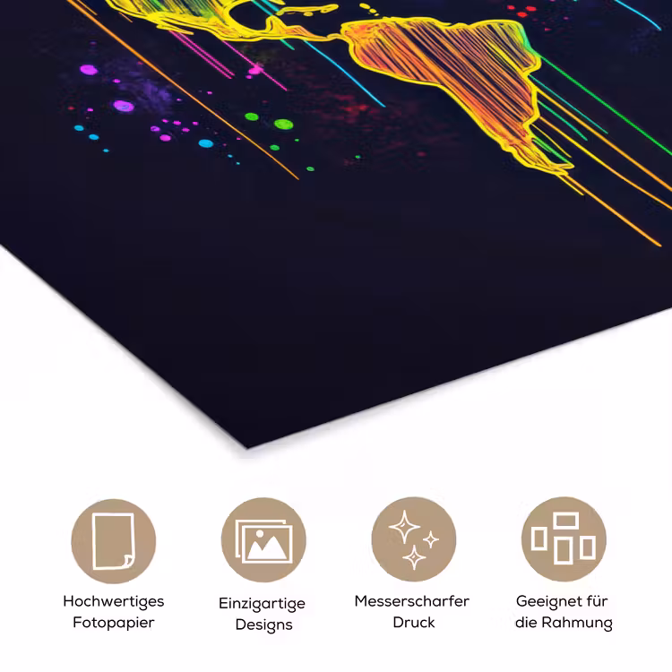Neon - Wereldkaart - Kleur - Drip poster papier klein -tcloseup_DE