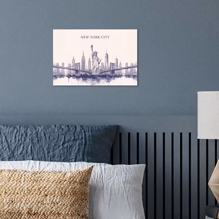 New York - Vrijheidsbeeld - Skyline - Illustratie - Blauw poster papier klein -sfeer2