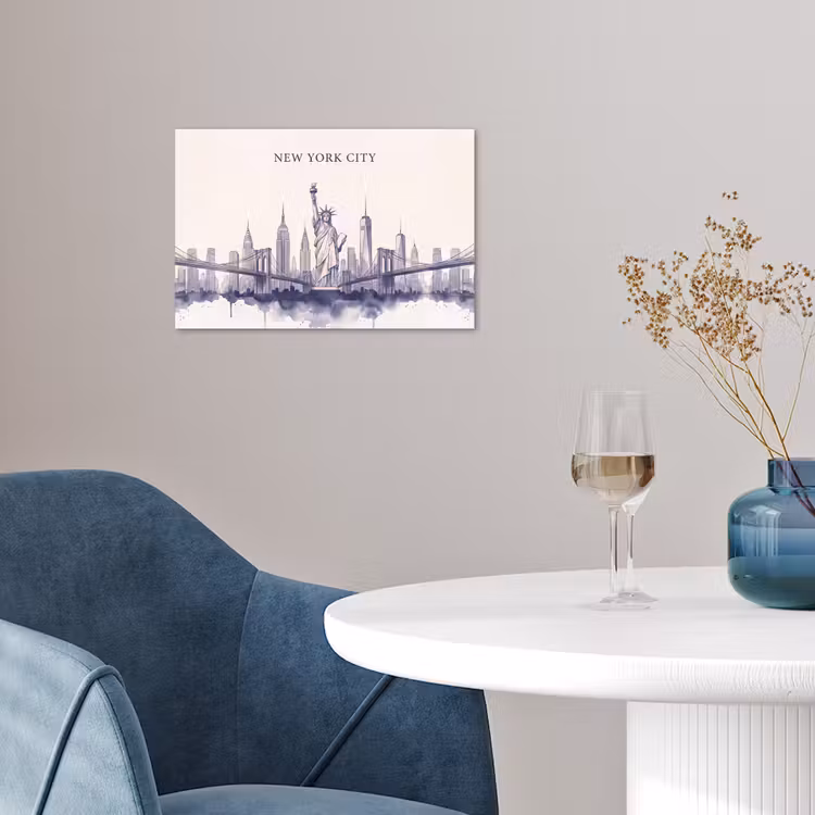 New York - Vrijheidsbeeld - Skyline - Illustratie - Blauw poster papier klein -sfeer3