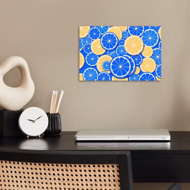 Fruit - Schijven - Patroon - Modern - Blauw - Geel poster papier klein -sfeer1