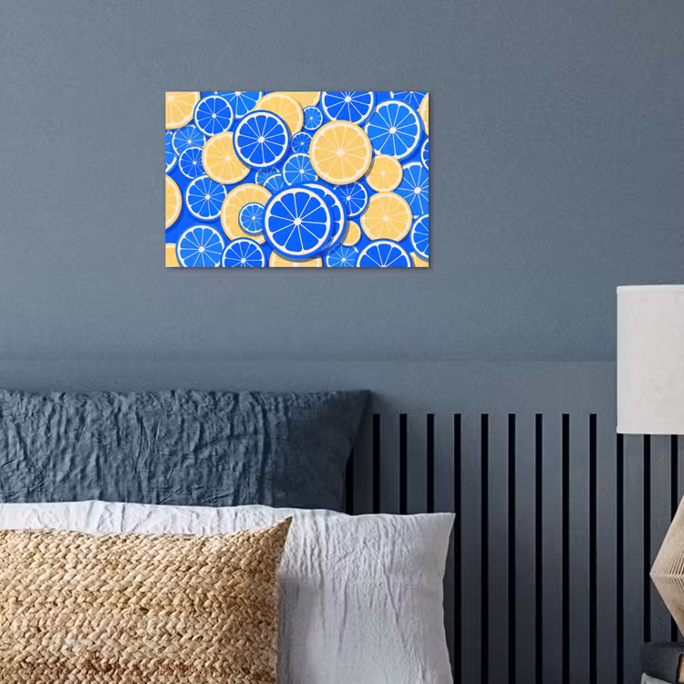 Fruit - Schijven - Patroon - Modern - Blauw - Geel poster papier klein -sfeer2