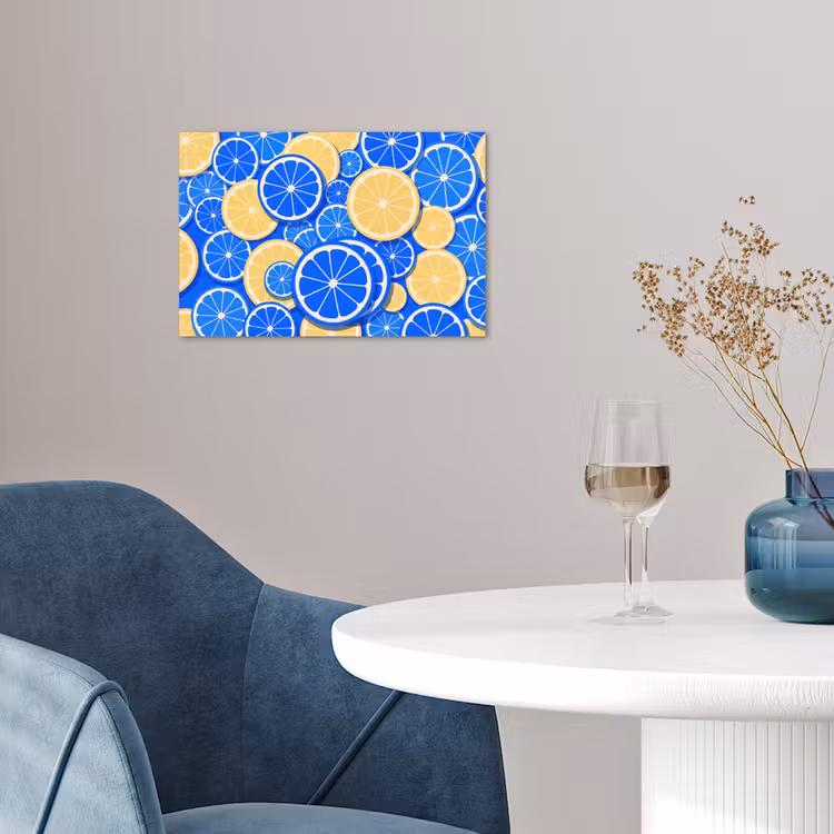 Fruit - Schijven - Patroon - Modern - Blauw - Geel poster papier klein -sfeer3