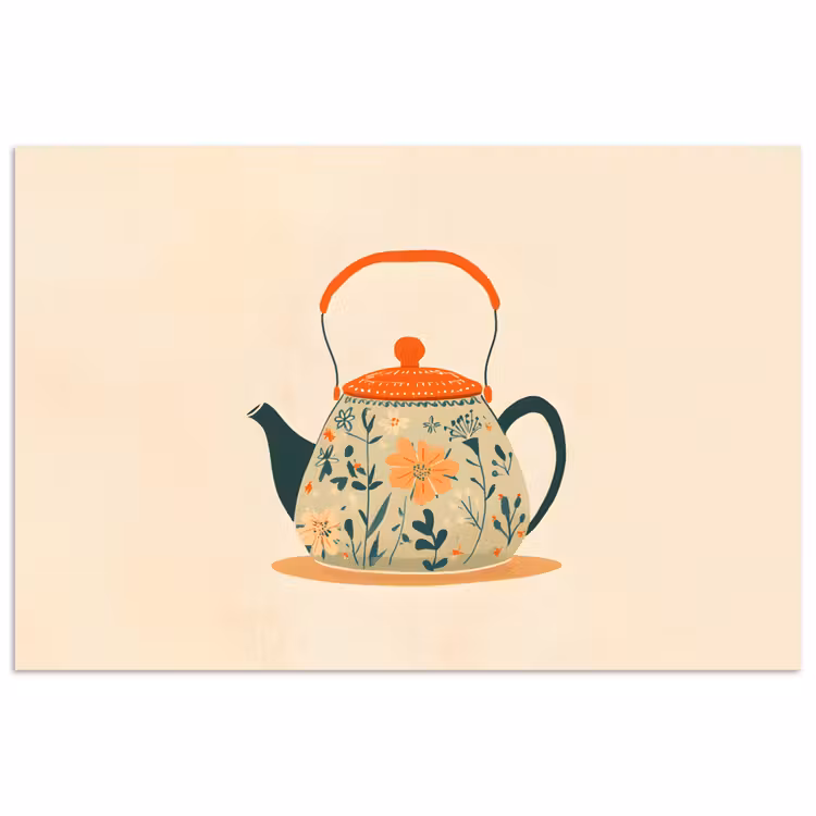 Oranje - Theepot - Bloemen - Bladeren poster papier klein -3d