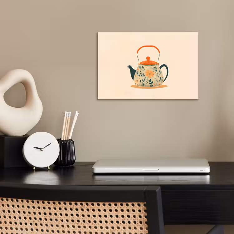 Oranje - Theepot - Bloemen - Bladeren poster papier klein -sfeer1