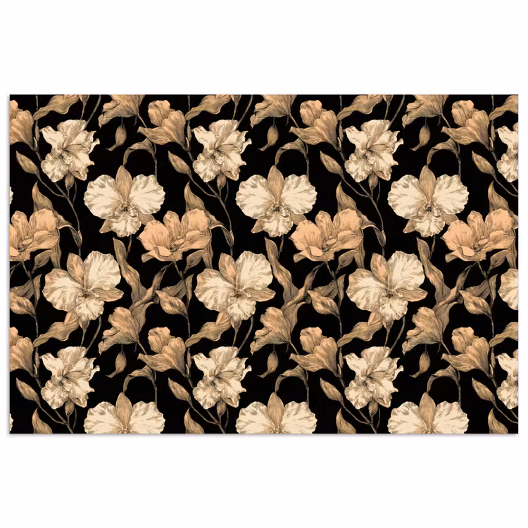 Orchideeën - Lijntekening - Patroon - Beige - Zwart poster papier klein 62 -3d