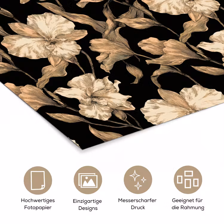 Orchideeën - Lijntekening - Patroon - Beige - Zwart poster papier klein 62 -tcloseup_DE