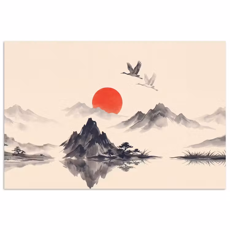 Oosters - Kraanvogels - Landschap poster papier klein -3d