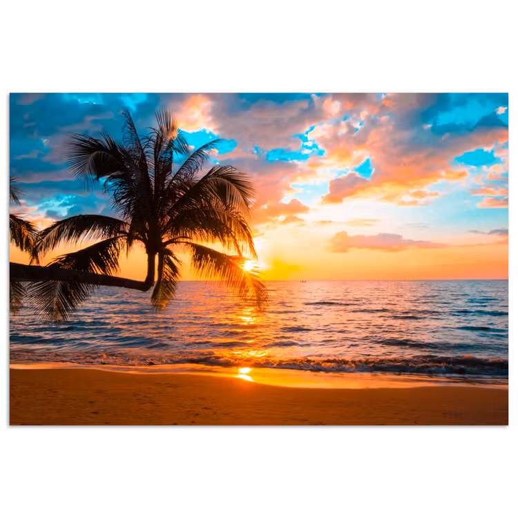 Palm - Zonsondergang - Horizon - Strand - Zee - Tropisch poster papier klein -3d