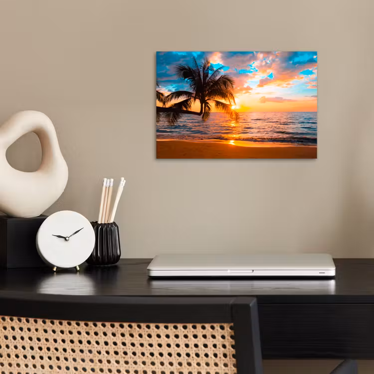 Palm - Zonsondergang - Horizon - Strand - Zee - Tropisch poster papier klein -sfeer1