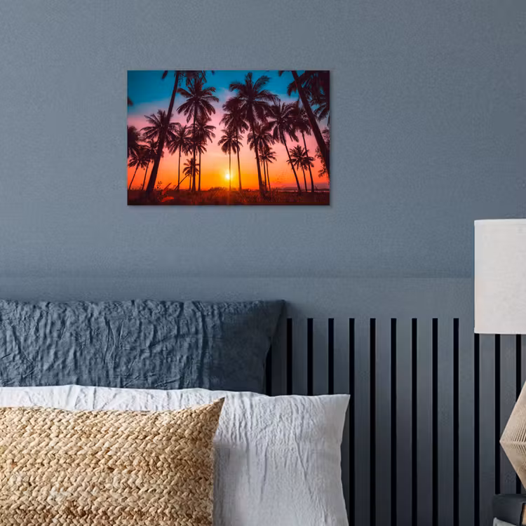 Palmboom - Zonsondergang - Horizon - Strand - Oranje - Roze poster papier klein -sfeer2