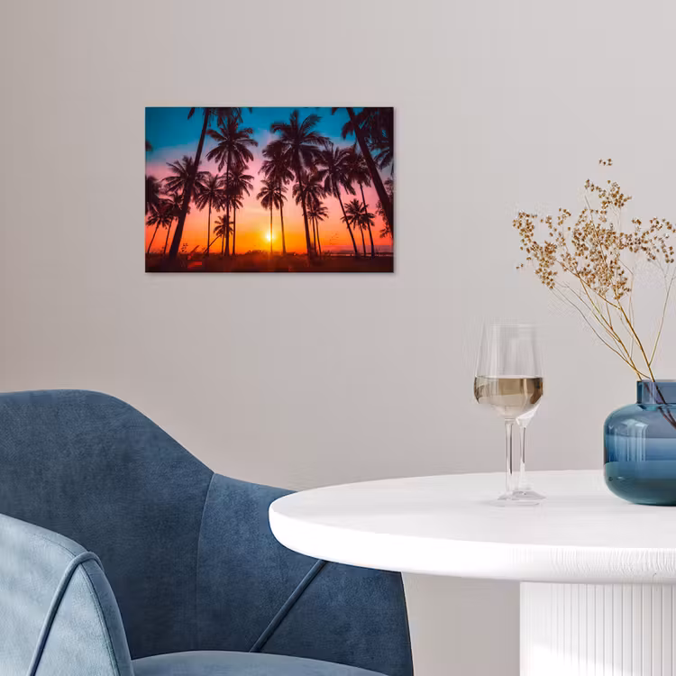 Palmboom - Zonsondergang - Horizon - Strand - Oranje - Roze poster papier klein -sfeer3