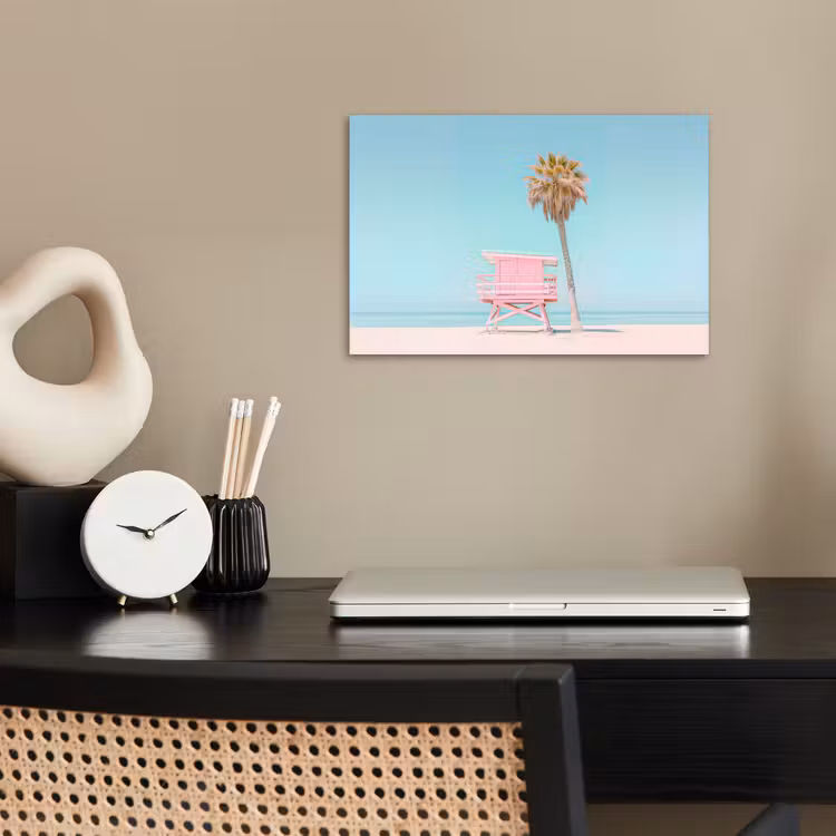Palmboom - Strandhuis - Roze poster papier klein -sfeer1