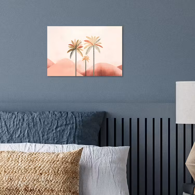 Palmbomen - Heuvels - Minimalistisch - Zachtroze poster papier klein -sfeer2