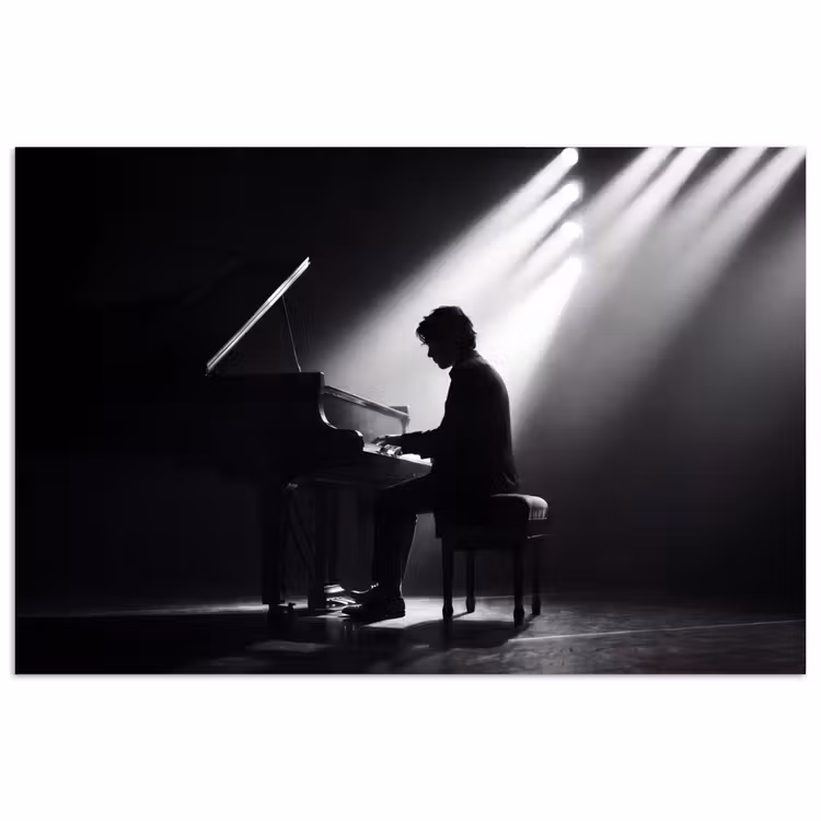 Persoon - Piano - Muziek - Zwart-wit - Podium poster papier klein -3d