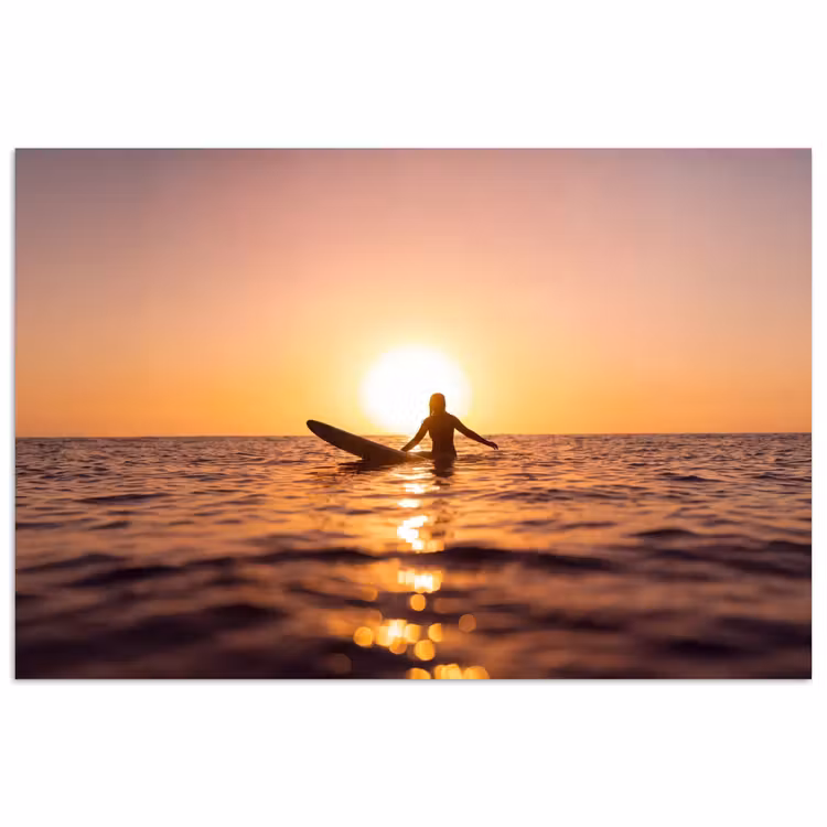 Persoon - Surfen - Zonsondergang - Zee - Oranje poster papier klein -3d