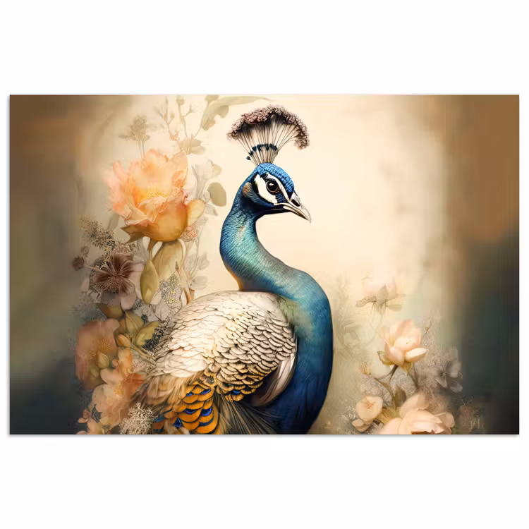 Pauw - Pauwenveren - Bloemen - Vogels - Botanisch poster papier klein -3d