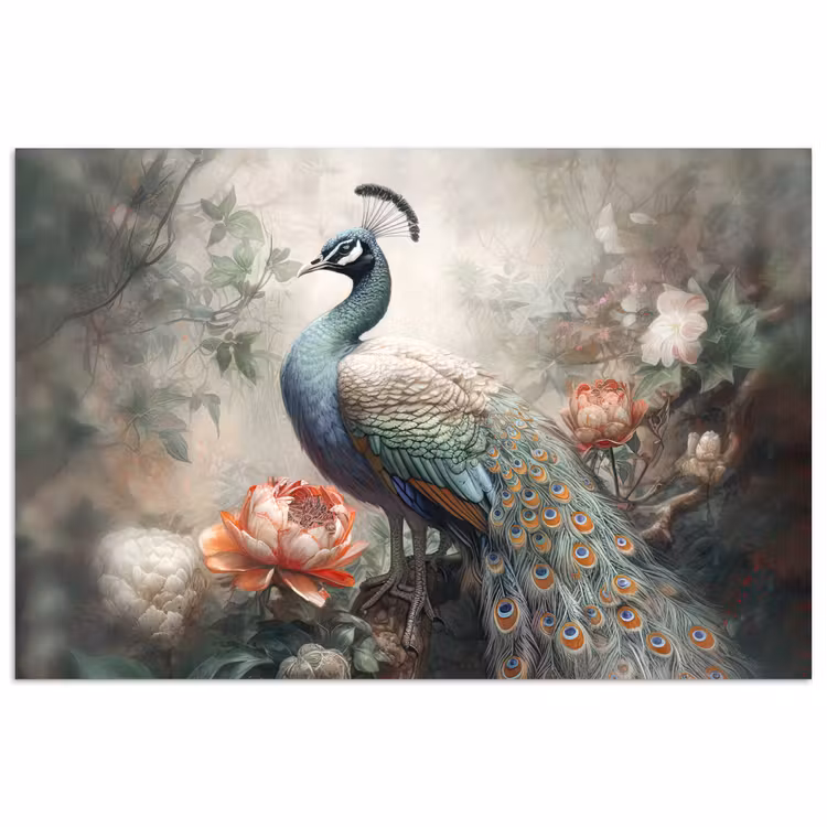 Pauw - Pauwenveren - Vogel - Jungle - Bloemen poster papier klein -3d