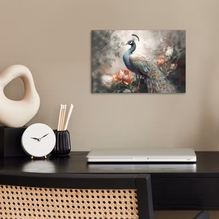 Pauw - Pauwenveren - Vogel - Jungle - Bloemen poster papier klein -sfeer1
