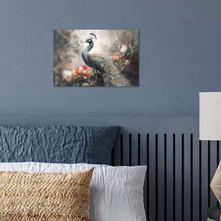 Pauw - Pauwenveren - Vogel - Jungle - Bloemen poster papier klein -sfeer2