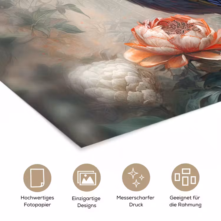 Pauw - Pauwenveren - Vogel - Jungle - Bloemen poster papier klein -tcloseup_DE