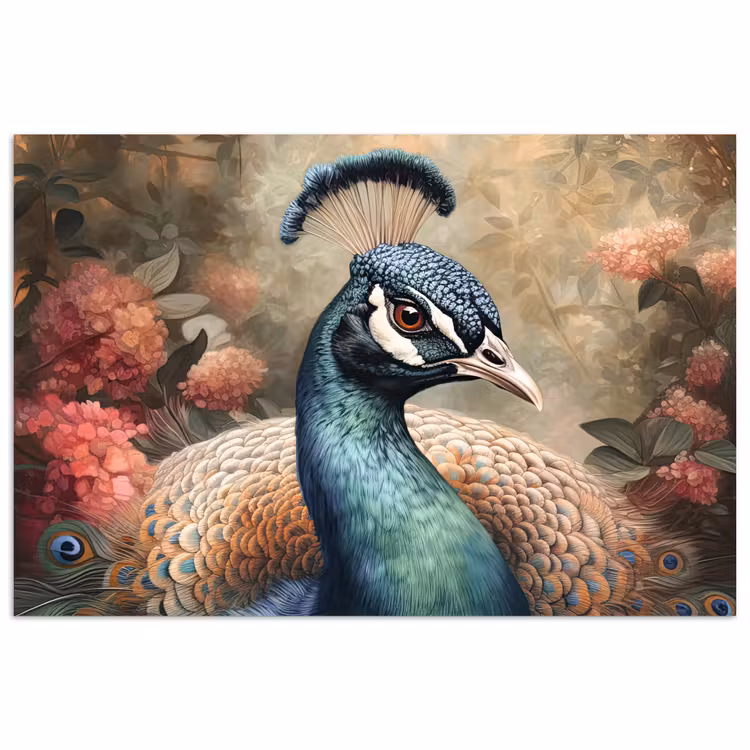 Pauw - Vogel - Bloemen - Planten - Pauwenveren poster papier klein -3d