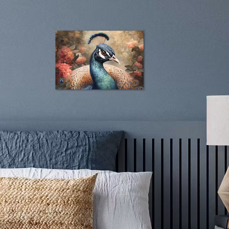Pauw - Vogel - Bloemen - Planten - Pauwenveren poster papier klein -sfeer2