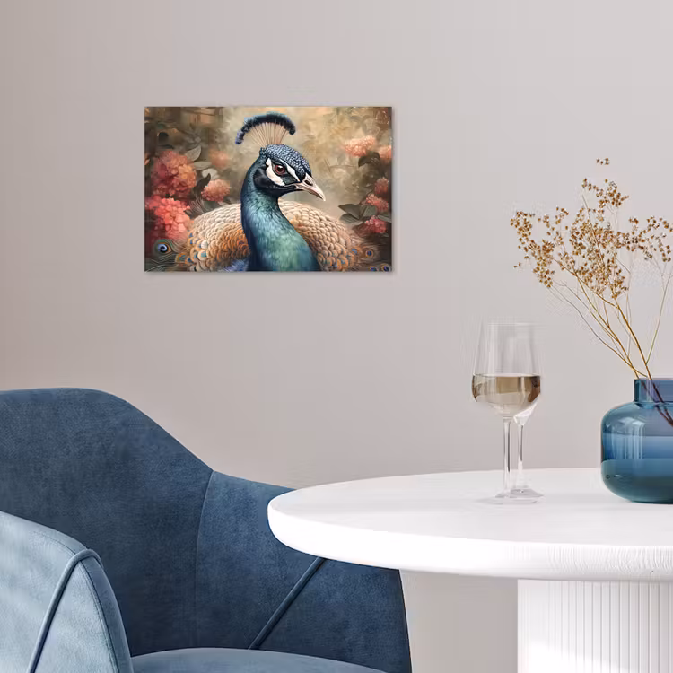 Pauw - Vogel - Bloemen - Planten - Pauwenveren poster papier klein -sfeer3