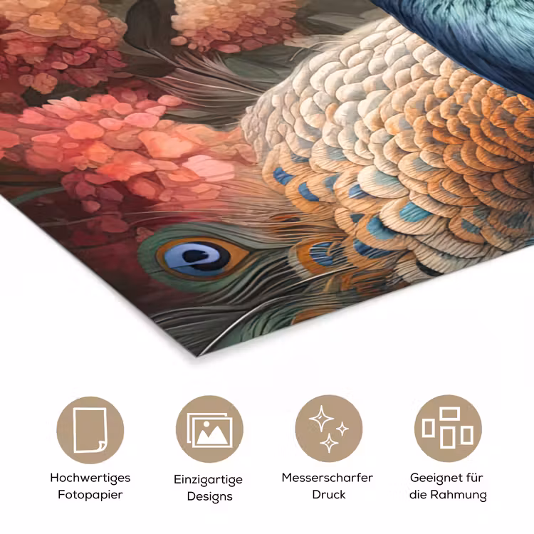 Pauw - Vogel - Bloemen - Planten - Pauwenveren poster papier klein -tcloseup_DE