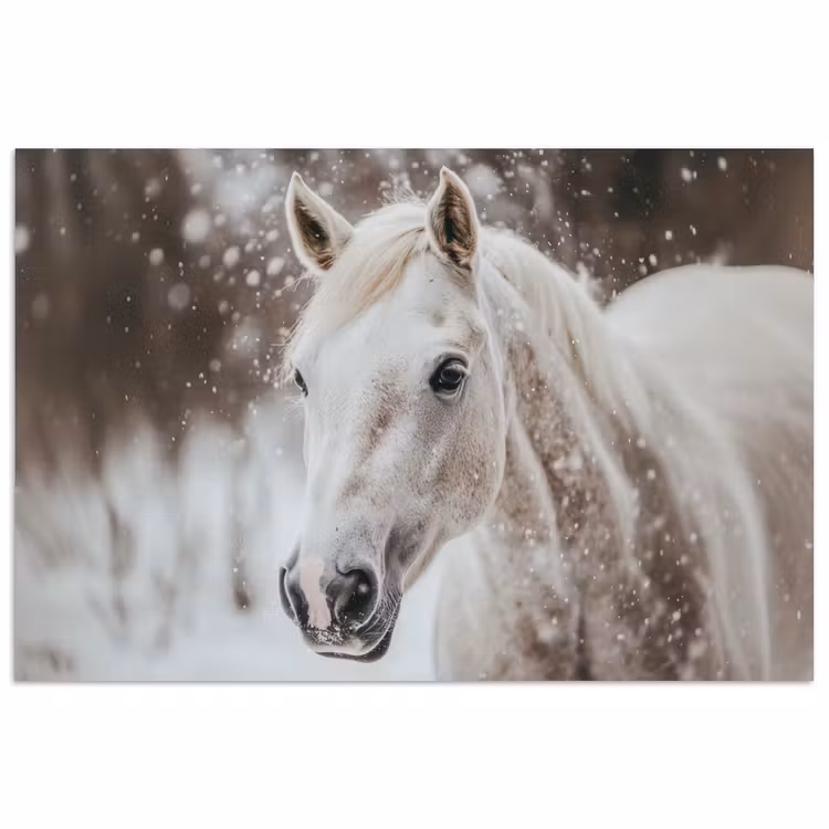 Paard - Wit - Winter - Natuur - Sneeuw - Dieren poster papier klein -3d