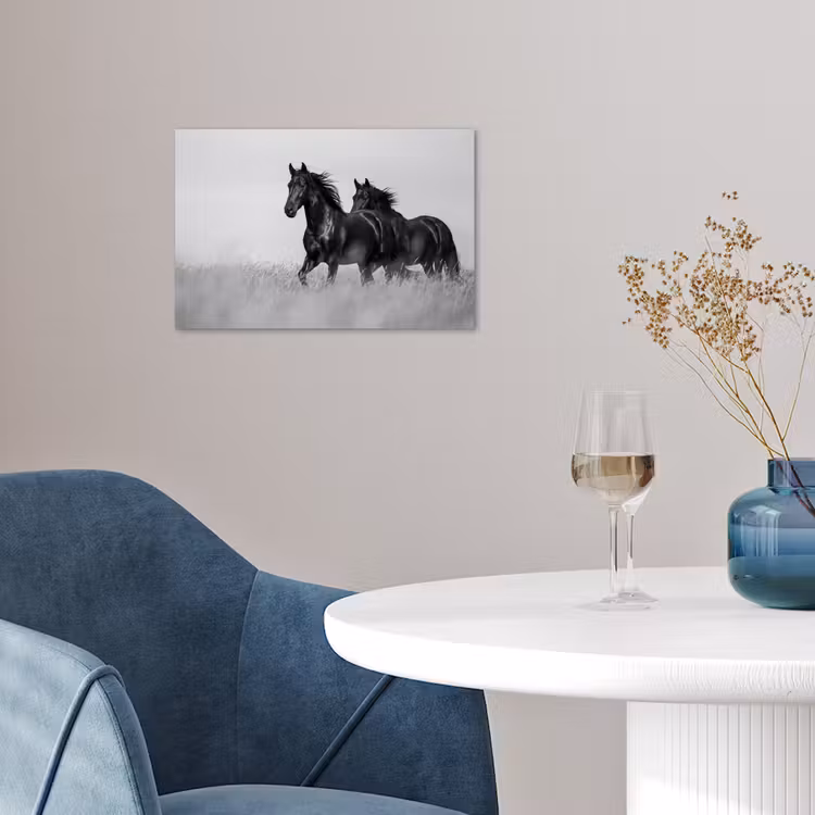Paarden - Gras - Zwart - Wit poster papier klein -sfeer3