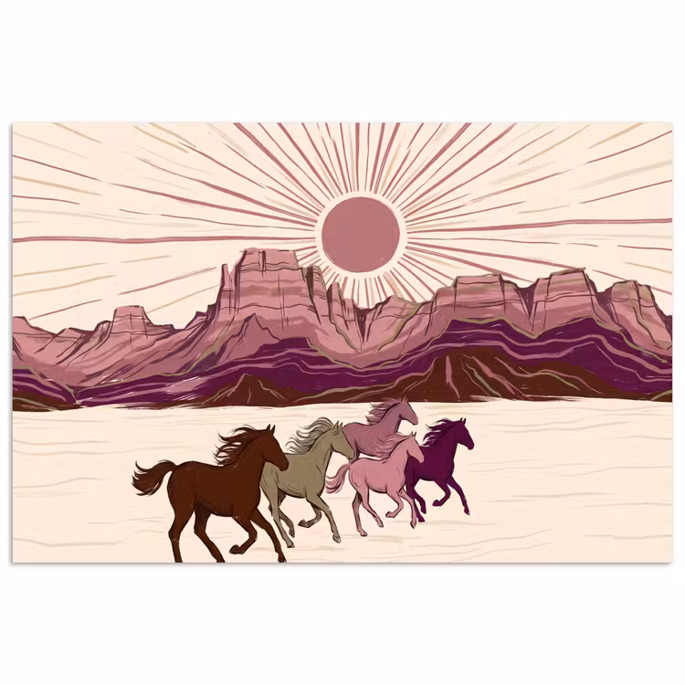 Paarden - Rennend - Woestijn - Natuur - Abstract poster papier klein -3d