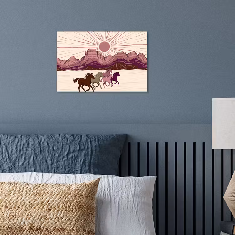 Paarden - Rennend - Woestijn - Natuur - Abstract poster papier klein -sfeer2
