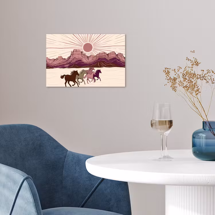Paarden - Rennend - Woestijn - Natuur - Abstract poster papier klein -sfeer3