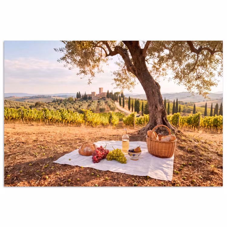 Picknick - Wijngaard - Landschap - Zomer - Eten poster papier klein -3d