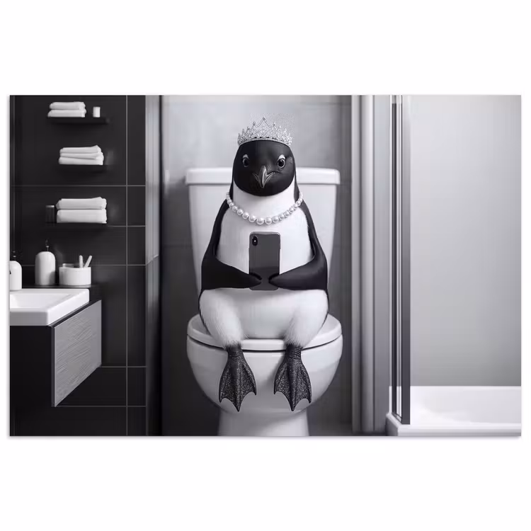 Pinguïn - Telefoon - Toilet - Zwart - Wit poster papier klein -3d